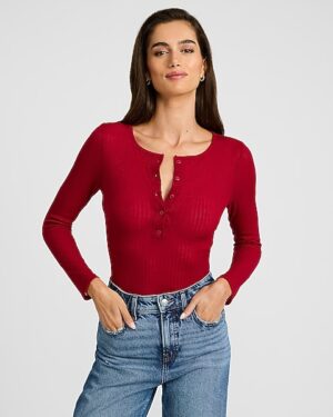 Sheer Ribbed Long Sleeve Henley Tee