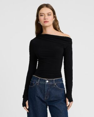 Matte Jersey Draped Off The Shoulder Long Sleeve Tee