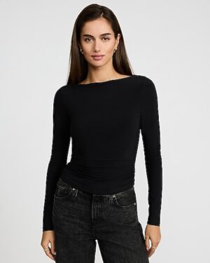 Boat Neck Long Sleeve Ruched Tee