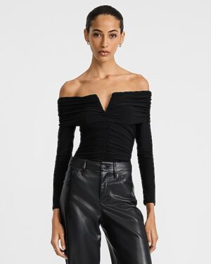 Ruched V-Wire Fold Over Off The Shoulder Long Sleeve Top
