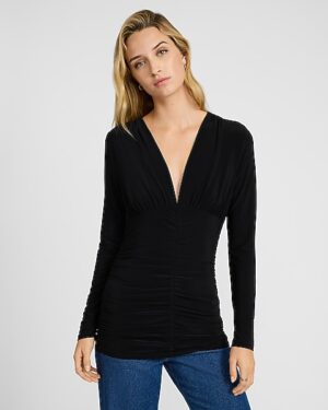 V-Neck Long Sleeve Seamed Ruched Top
