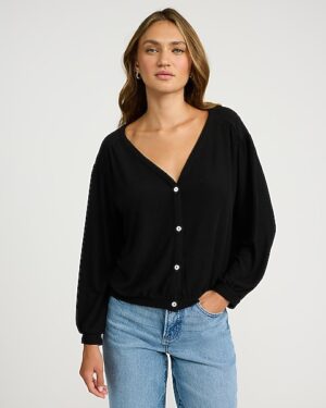 Ribbed V-Neck Long Sleeve Button Front Tee