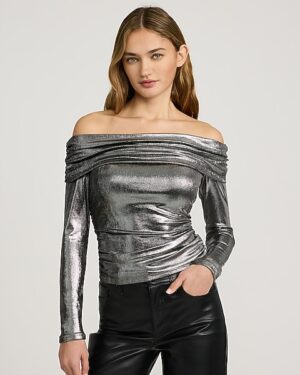 Metallic Fold Over Off The Shoulder Long Sleeve Ruched Top