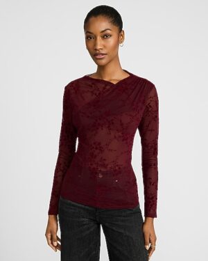 Velvet Floral Sheer Mesh Asymmetrical Long Sleeve Top