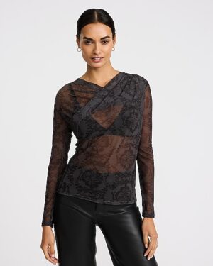 Printed Sheer Mesh Asymmetrical Long Sleeve Top