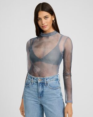 Mesh Printed Mock Neck Long Sleeve Tee