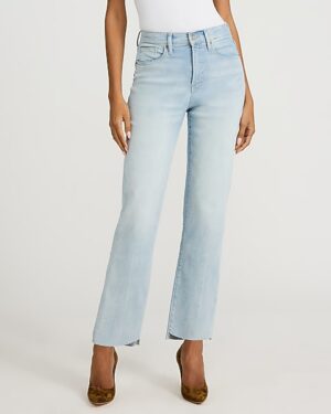 High Waisted Light Wash Raw Hem Straight Ankle Jeans