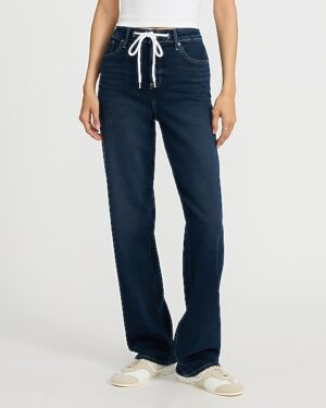 High Waisted Dark Wash Relaxed Straight Drawstring Jeans