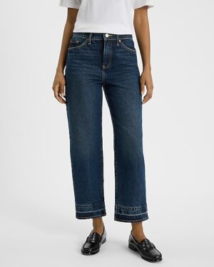 High Waisted Dark Wash 50/50 Rigid Stretch Relaxed Straight Ankle Jeans