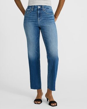 High Waisted Medium Wash FlexX Raw Hem Straight Ankle Jeans