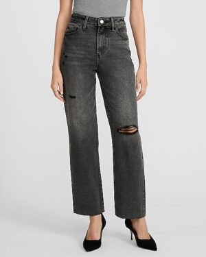 High Waisted Washed Black 50/50 Rigid Stretch Straight Ankle Jeans