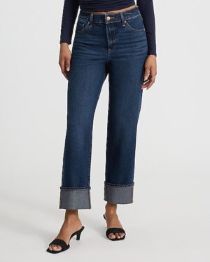 High Waisted Dark Wash Cuffed 50/50 Rigid Stretch Straight Ankle Jean