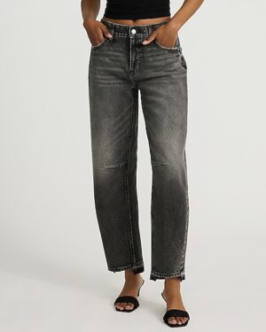 Mid Rise Washed Black Raw Hem Barrel Jeans