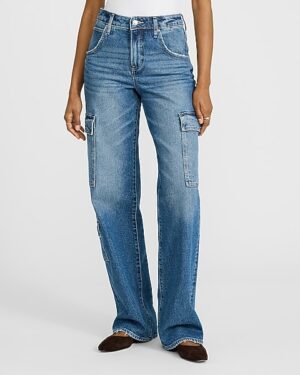 High Waisted Medium Wash Relaxed Straight Cargo Jeans