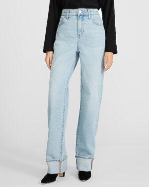High Waisted Light Wash Cuffed Relaxed Straight Jeans