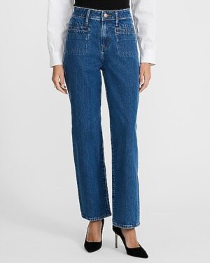 High Waisted Dark Wash Patch Pocket 50/50 Rigid Stretch Straight Ankle Jeans