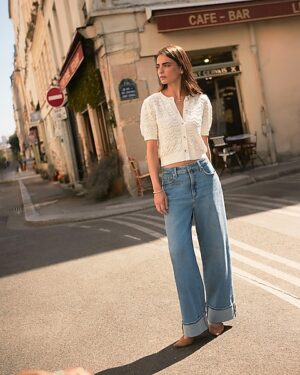 Low Slung Light Wash Cuffed Baggy Jeans