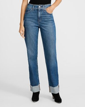 High Waisted Dark Wash Cuffed Hem Straight Jeans