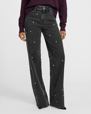 High Waisted Black Wash Silver Studded Relaxed Straight Jeans