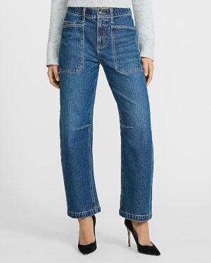 Mid Rise Medium Wash Utility Barrel Jeans