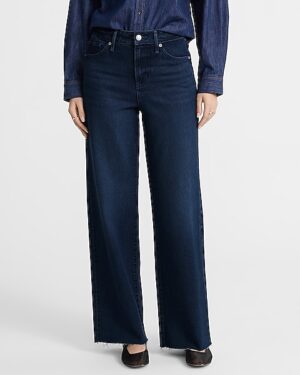 High Waisted Dark Wash 50/50 Rigid Stretch Wide Leg Jeans