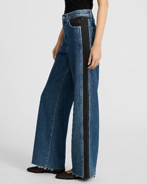 High Waisted Dark Wash Side Stripe Raw Hem Wide Leg Jeans