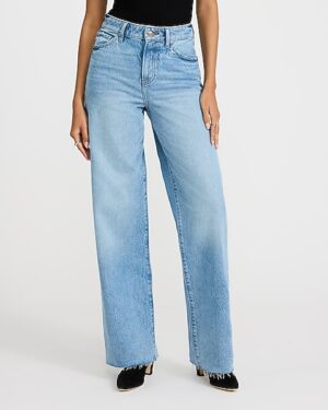 High Waisted Light Wash Raw Hem 50/50 Rigid Stretch Wide Leg Jeans