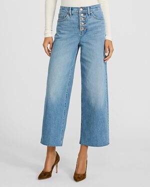 High Waisted Medium Wash Raw Hem Wide Leg Ankle Jeans