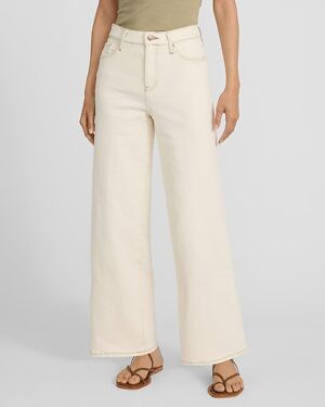 High Waisted Ivory Wash Wide Leg Ankle Jeans