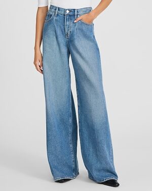 High Waisted Medium Wash Pleated Relaxed Wide Leg Jeans
