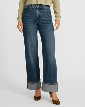 High Waisted Medium Wash Cuffed Wide Leg Jeans
