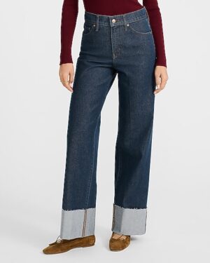 High Waisted Dark Wash Cuffed Wide Leg Jeans