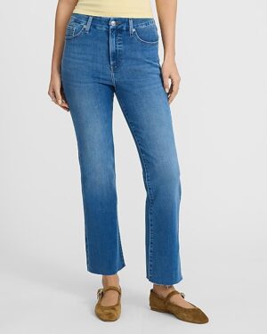 High Waisted Medium Wash Raw Hem FlexX Cropped Flare Jeans