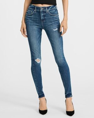 Mid Rise Dark Wash Ripped Skinny Jeans