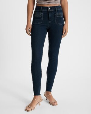 Mid Rise Dark Wash Patch Pocket Hyper Sculpt Skinny Jeans