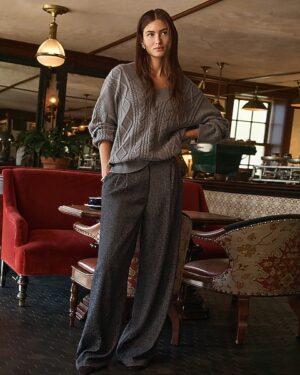 Mini Herringbone High Waisted Relaxed Trouser