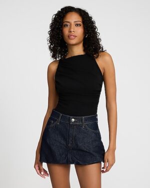 Mid Rise Dark Wash Rinse Micro Mini Bubble Skirt