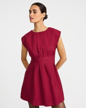 Crew Neck Cap Sleeve Pleated Cinched Waist Mini Dress