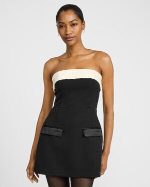 Fold Over Strapless Satin Pocket Mini Dress