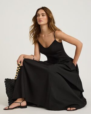 Mixed Media V-Neck Sleeveless Drop Waist Midi Dress with Pockets