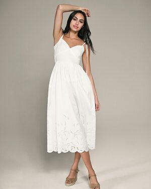 Floral Eyelet V-Neck Tie Strap Midi Dress