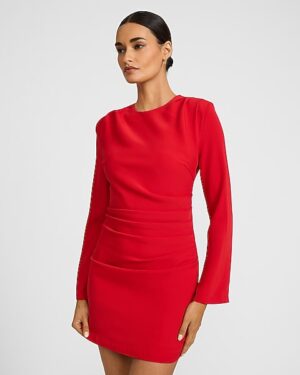 Crew Neck Long Sleeve Ruched Mini Sheath Dress