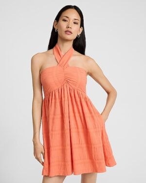 Crinkle Striped Tie Halter Mini Dress