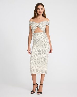 Mesh Polka Dot Off The Shoulder Twist Cutout Midi Sheath Dress