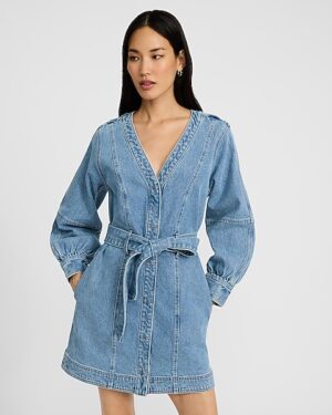 Denim V-Neck Long Sleeve Tie Waist Mini Dress with Pockets