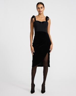 Ruched Mixed Media Sweetheart Tie Shoulder Midi Dress