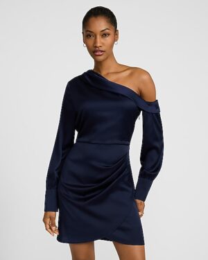 Satin Off The Shoulder Long Sleeve Asymmetrical Wrap Mini Dress