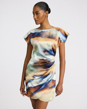 Printed Satin Ruched Crew Neck Mini Sheath Dress