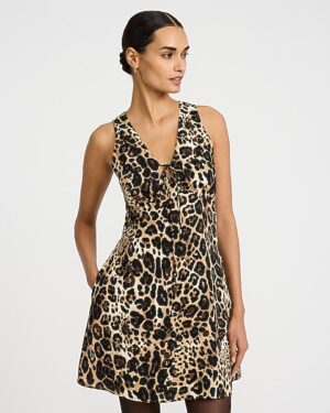Leopard V-Neck Tie Front Mini Dress with Pockets