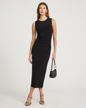 Crew Neck Sleeveless Ruched Open Back Midi Dress
